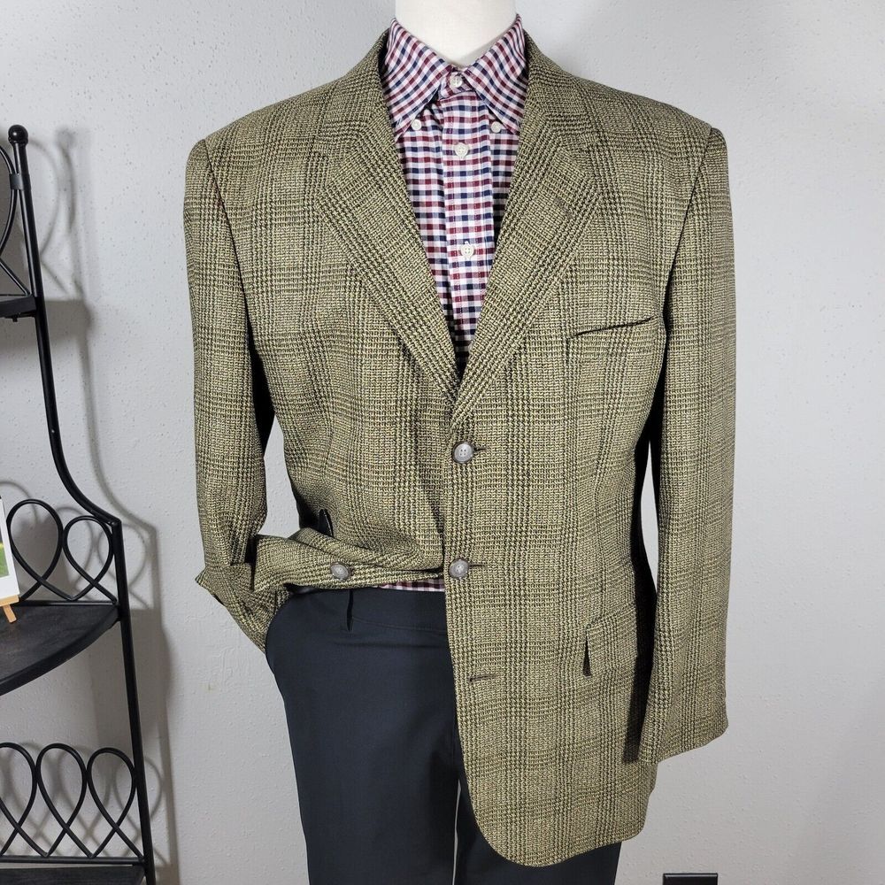 J.Riggings Men's Sport Coat Blazer Three Button Tan Silk Wool Plaid‎ Size 42R